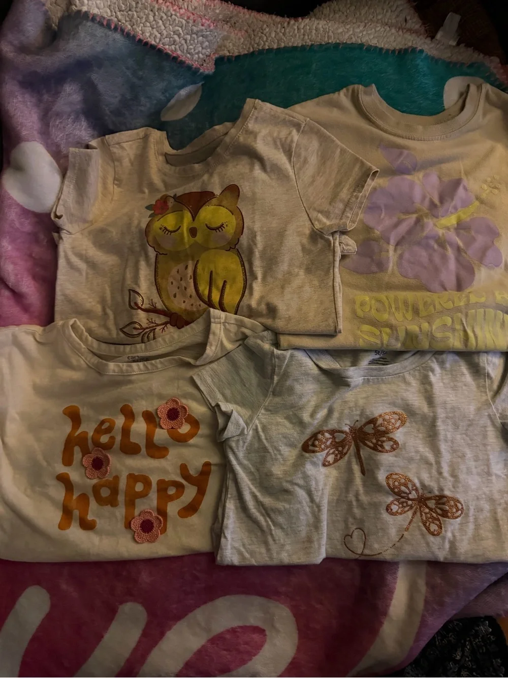 Girls' Cream Graphic Tee with owl, hello happy, etc